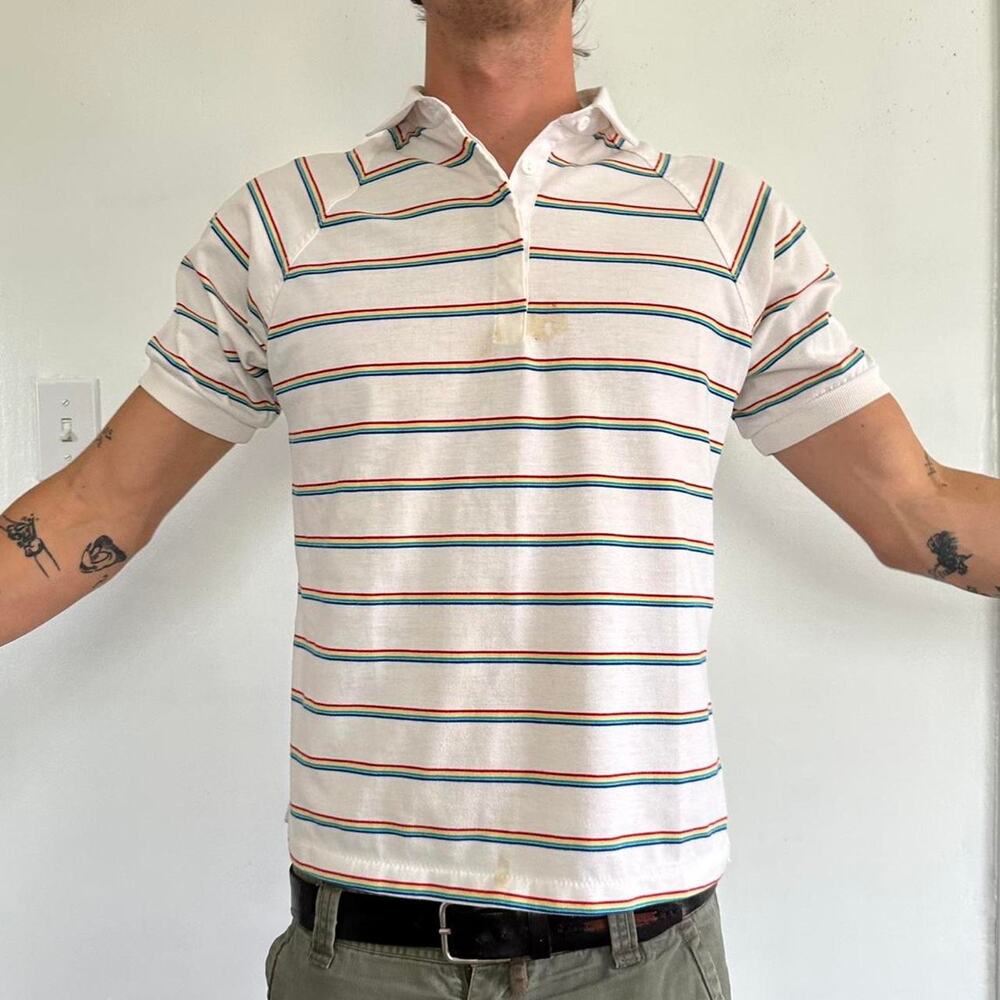 Vintage 70s 80s Retro Striped USA Polo Fitted Shirt Top